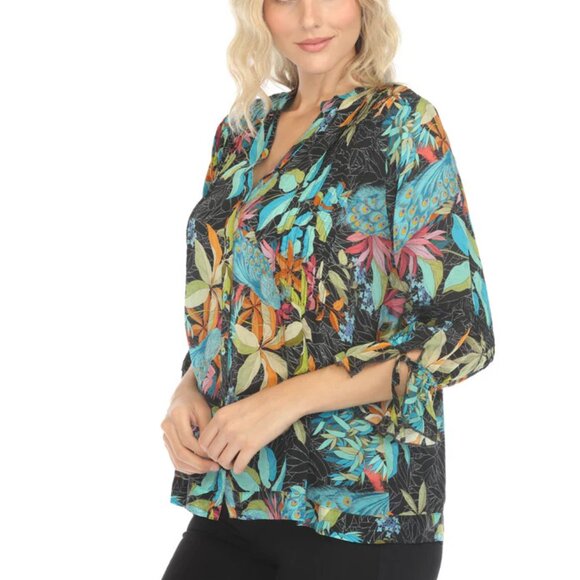 Johnny Was Vacanza Blouse Paon Floral Black Button Flower Blue Shirt Top NEW - Picture 4 of 7